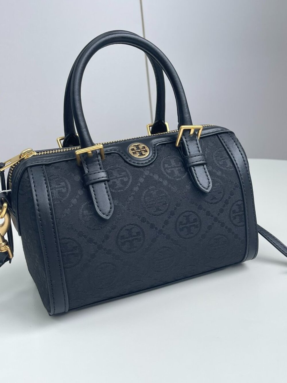 Tory Burch Black Monogram Jacquard Mini Boston Handbag Crossbody
